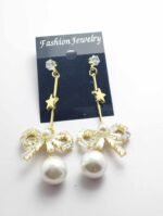 Zircon Bowknot/pearl drop earrings - Gold - Image 2
