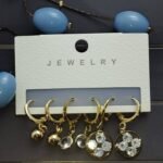 Rhinestone round Drop Earrings - Golden Set of 3